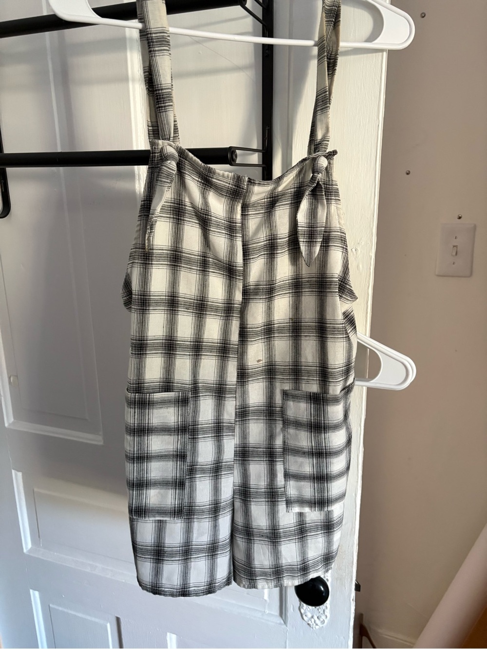 Storia Black & White Plaid Tie-Shoulder Romper